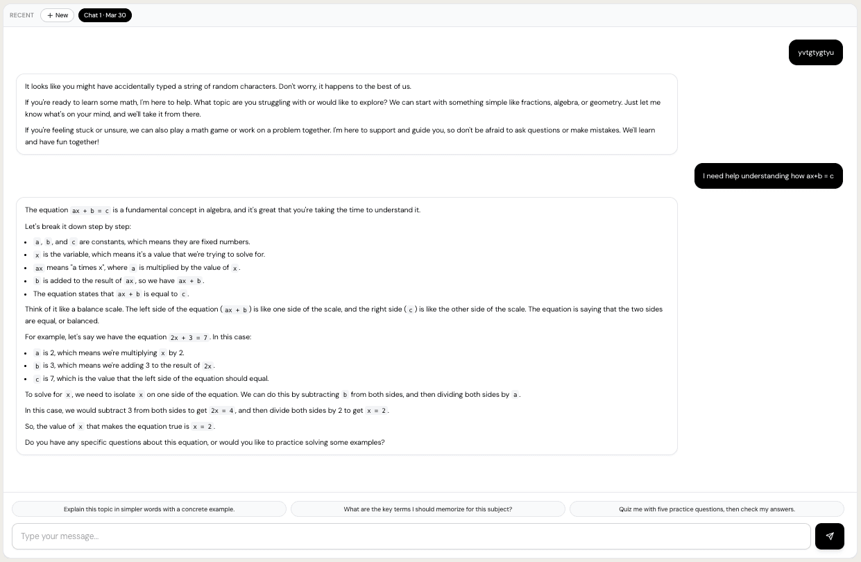 AI Tutor helping student with math - explaining algebra step by step