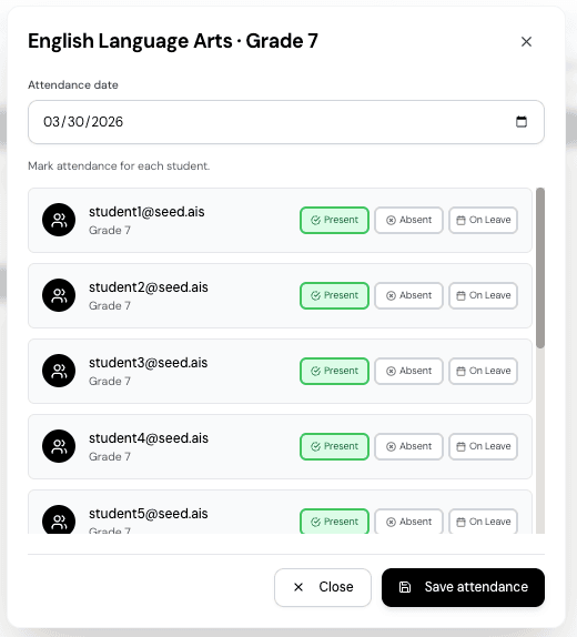 Attendance Tracking - Mark student attendance with Present, Absent, or On Leave