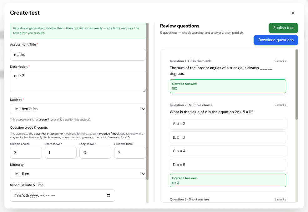 AI Test Creator - Generate quiz questions automatically with review panel