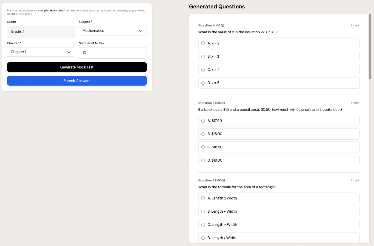 Student taking AI-generated mock test with multiple choice questions