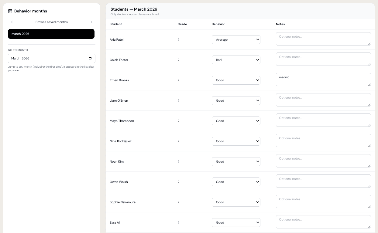 Behavior Tracking - Monthly student behavior management
